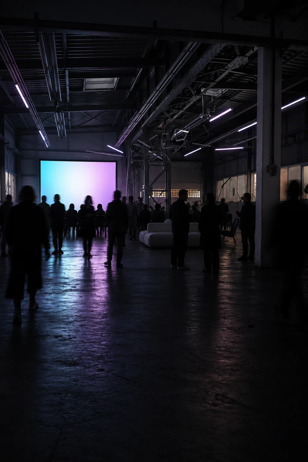 Abend in einer dunklen Industriehalle: Gäste als Silhouetten vor einer leuchtenden Leinwand
